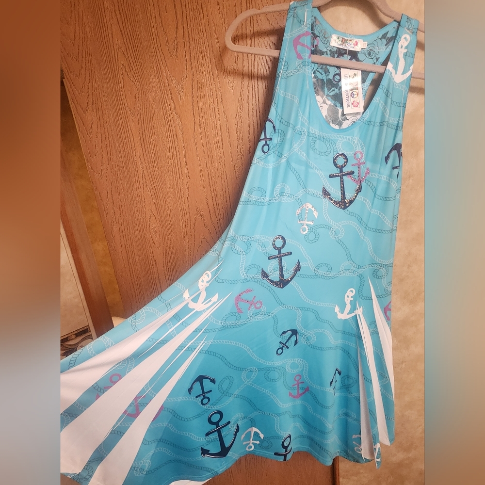 Turquoise,  anchor, sequins, summer, racer-back dress NWT